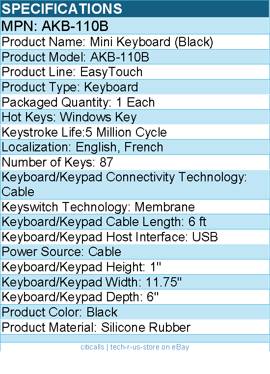 Adesso AKB-110B Mini Keyboard - PS/2, USB - 87 Keys - Black