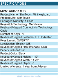 Adesso AKB-111UB SlimTouch Mini Keyboard - USB - 78 Key(s) - Black