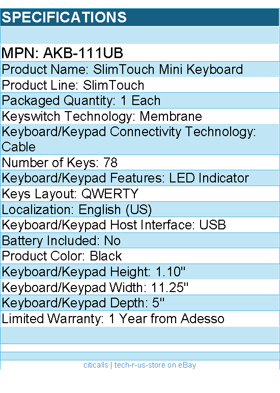 Adesso AKB-111UB SlimTouch Mini Keyboard - USB - 78 Key(s) - Black
