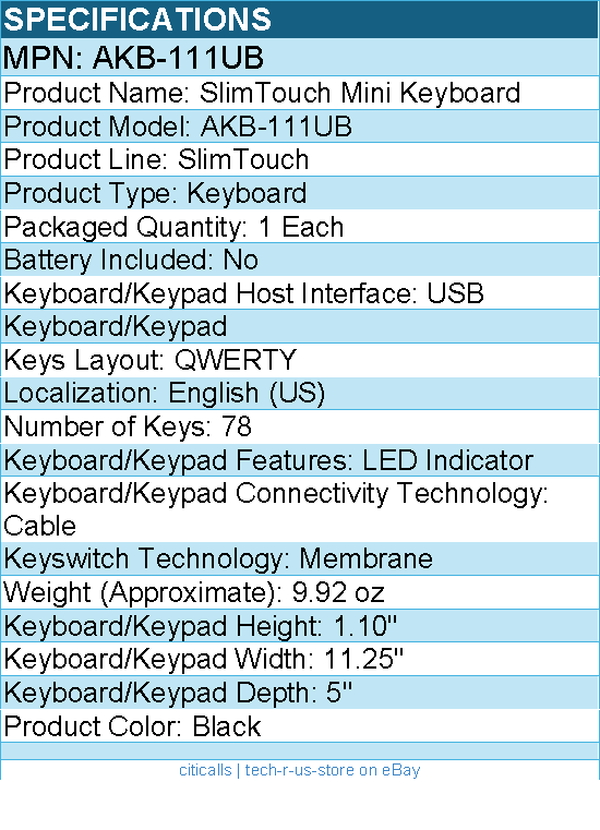Adesso AKB-111UB SlimTouch Mini Keyboard - QWERTY Layout - USB - 78 Key(s)