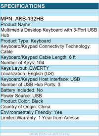 Adesso AKB-132HB Multimedia Desktop Keyboard with 3-Port USB Hub