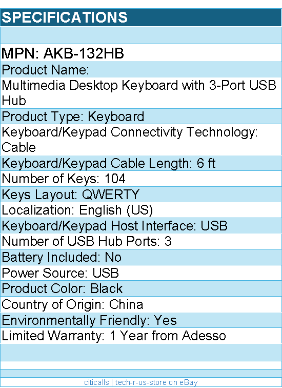 Adesso AKB-132HB Multimedia Desktop Keyboard with 3-Port USB Hub