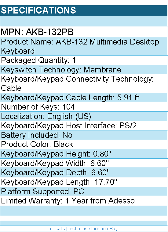 Adesso AKB-132PB AKB-132 Multimedia Desktop Keyboard - Black