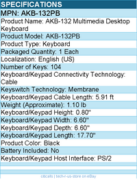 Adesso AKB-132PB Multimedia Desktop Keyboard - Cable - PS/2 - 104 Key(s)