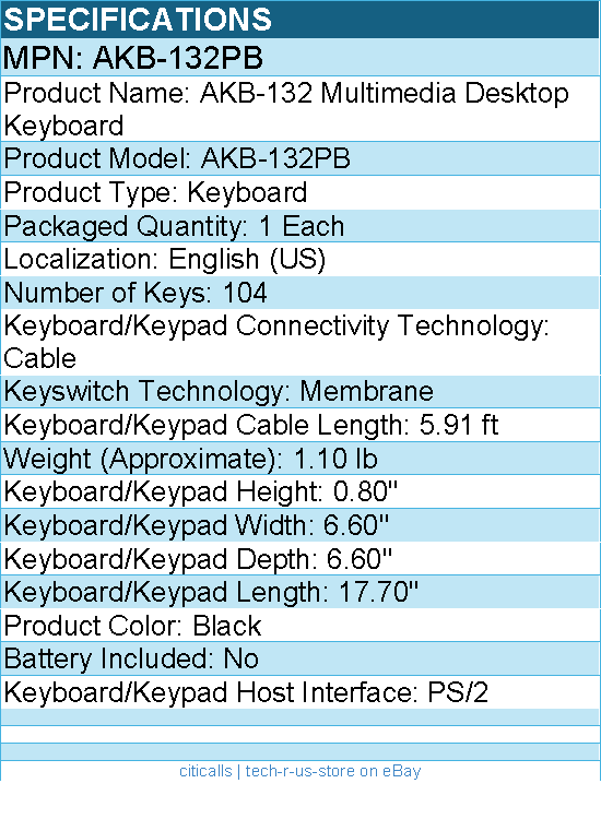 Adesso AKB-132PB Multimedia Desktop Keyboard - Cable - PS/2 - 104 Key(s)