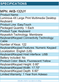 Adesso AKB-132UY Luminous 4X Large Print Multimedia Desktop Keyboard