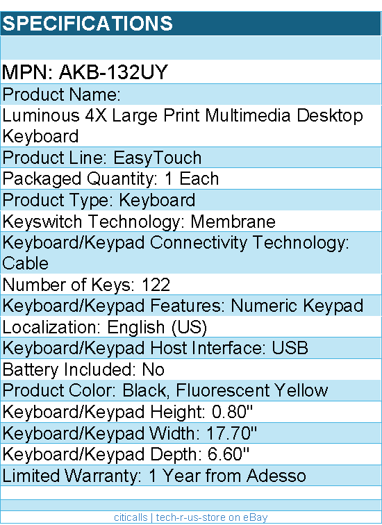 Adesso AKB-132UY Luminous 4X Large Print Multimedia Desktop Keyboard