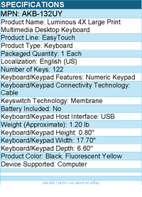 Adesso AKB-132UY Luminous 4X Large Print Multimedia Desktop Keyboard - Cable