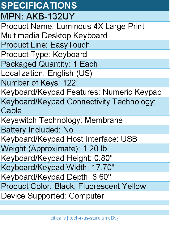 Adesso AKB-132UY Luminous 4X Large Print Multimedia Desktop Keyboard - Cable