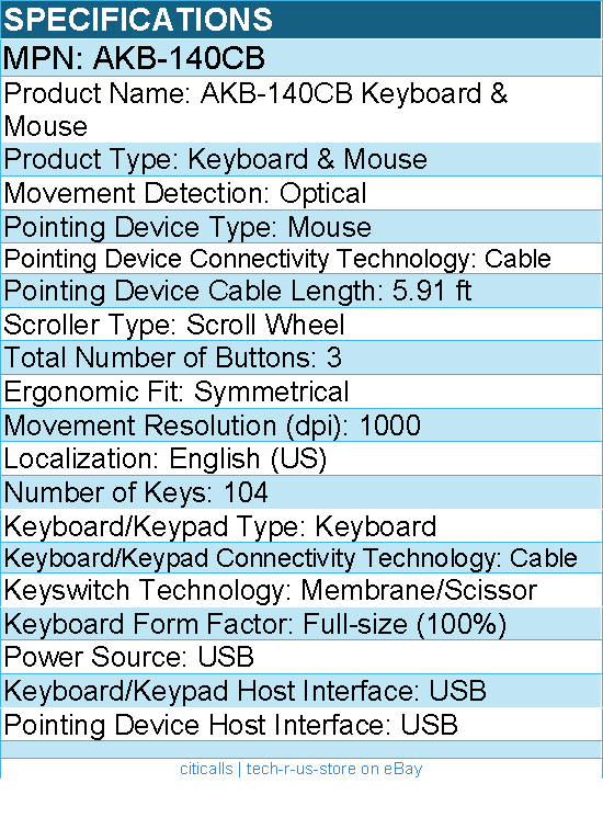 Adesso AKB-140CB Keyboard & Mouse - USB Membrane/Scissor Cable