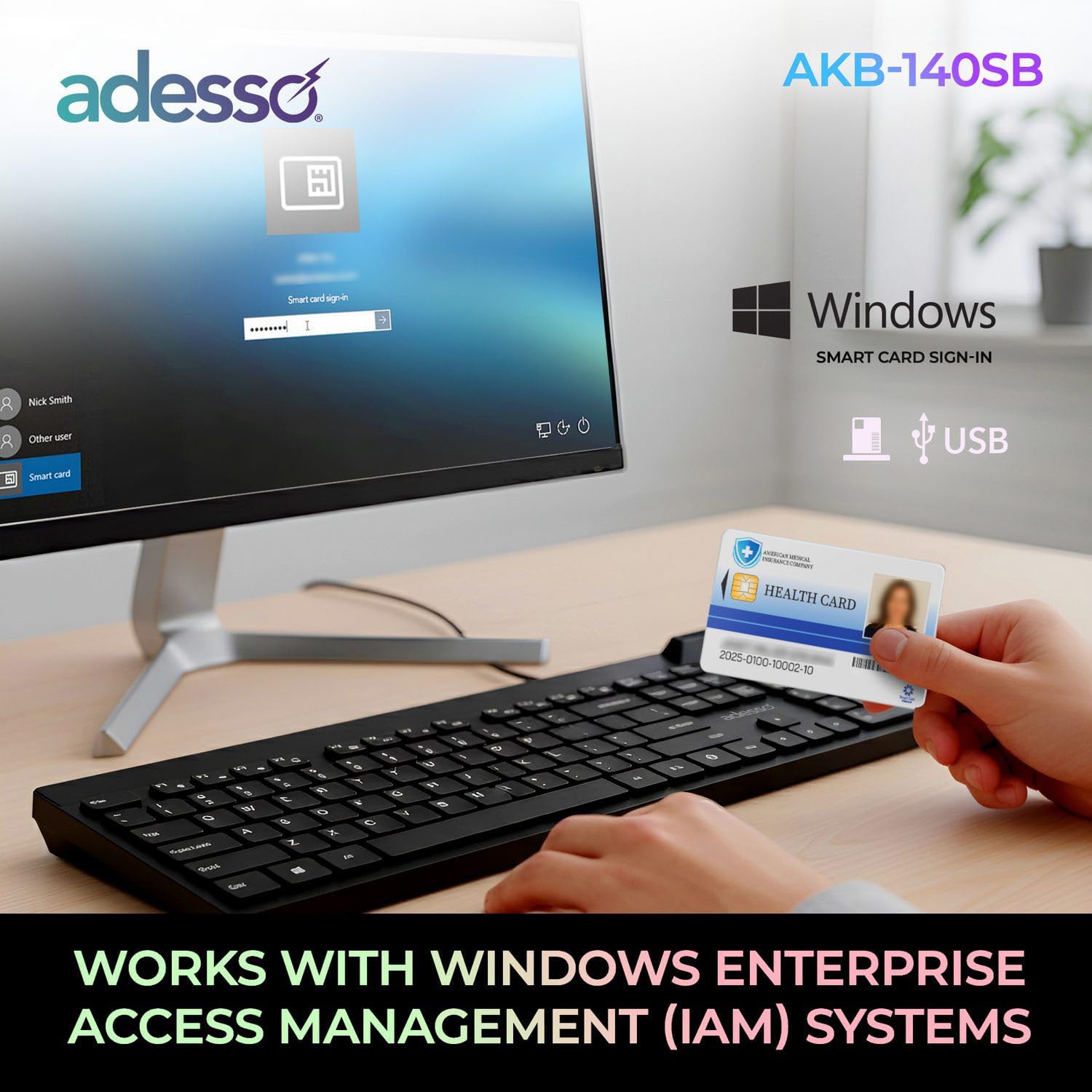 Adesso AKB-140SB Desktop Keyboard with Smart Card Reader -Full-size - 104 Key(s)