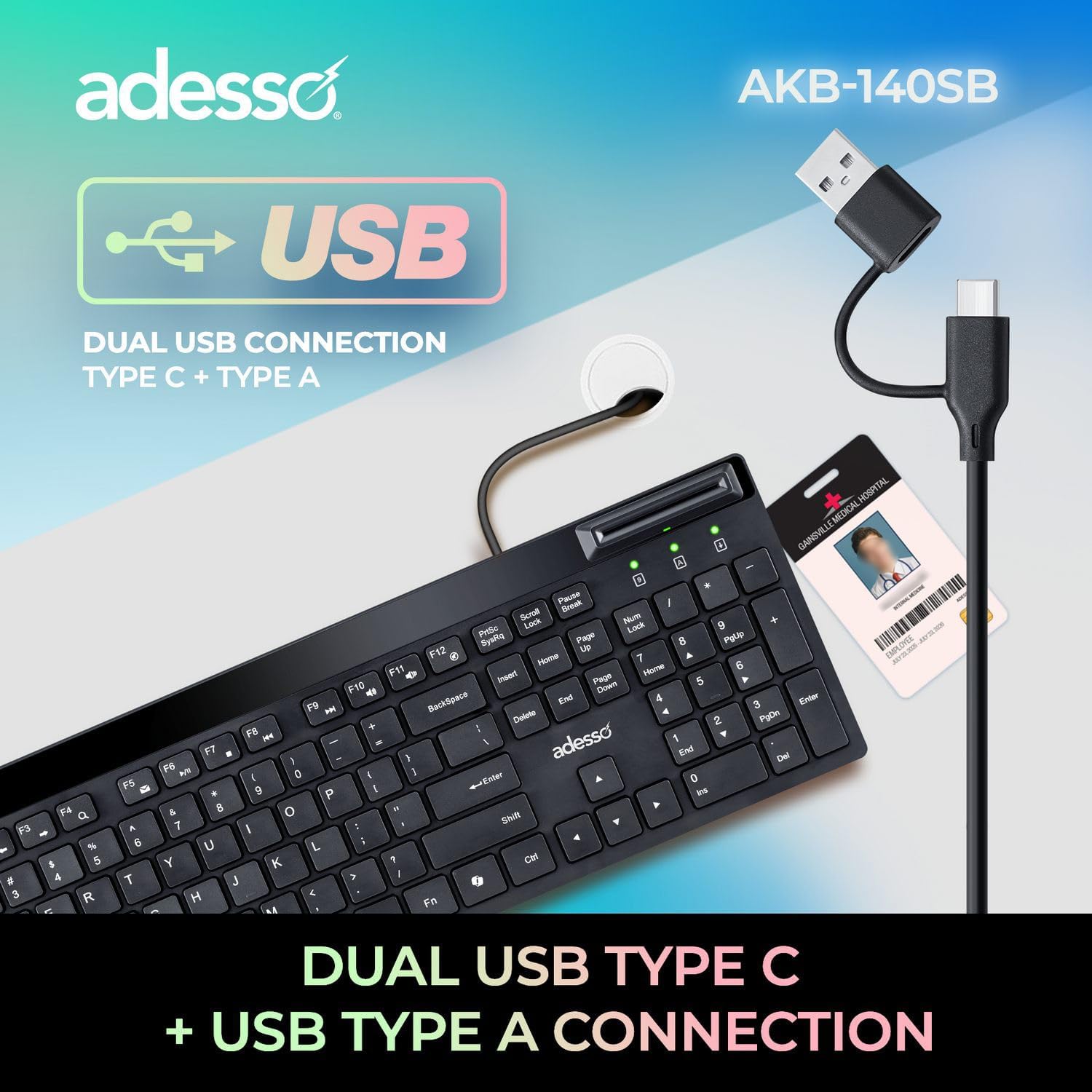 Adesso AKB-140SB Desktop Keyboard with Smart Card Reader -Full-size - 104 Key(s)