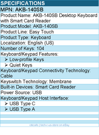 Adesso AKB-140SB Desktop Keyboard with Smart Card Reader -Full-size - 104 Key(s)