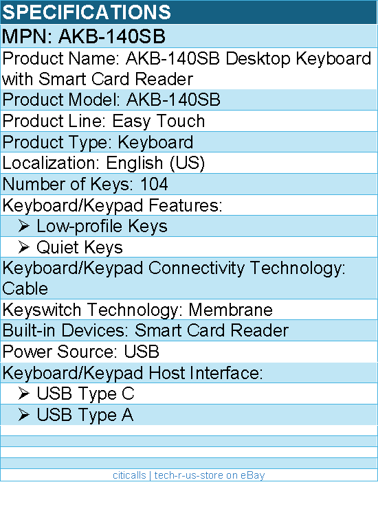 Adesso AKB-140SB Desktop Keyboard with Smart Card Reader -Full-size - 104 Key(s)