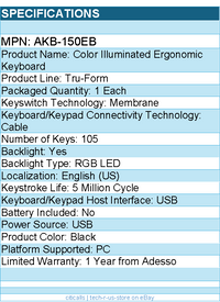 Adesso AKB-150EB Color Illuminated Ergonomic Keyboard - Black