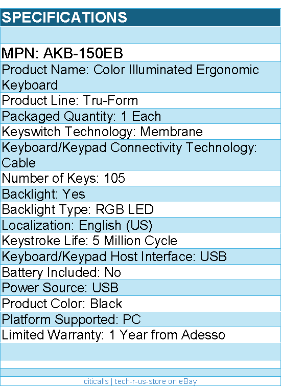 Adesso AKB-150EB Color Illuminated Ergonomic Keyboard - Black
