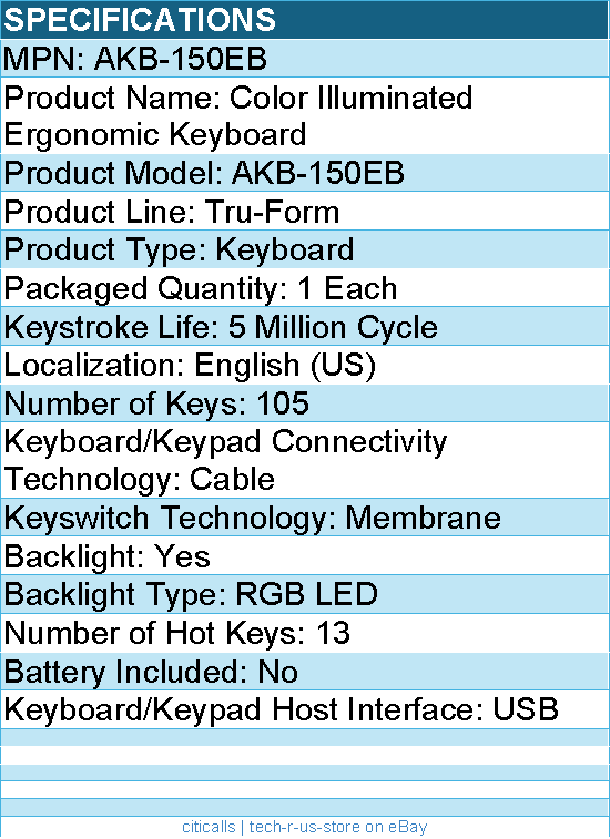Adesso AKB-150EB Color Illuminated Ergonomic Keyboard - Cable - Full-size