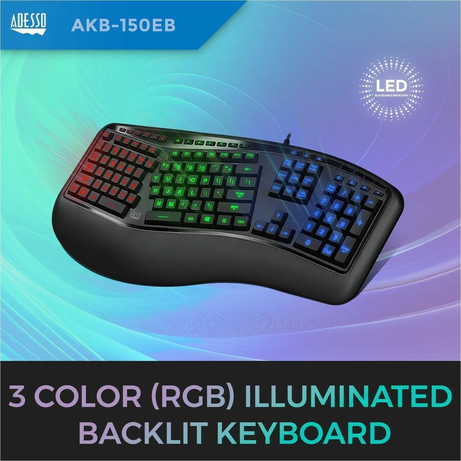 Adesso AKB-150EB Color Illuminated Ergonomic Keyboard - Black