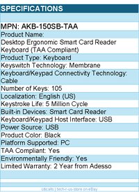 Adesso AKB-150SB-TAA Desktop Ergonomic Smart Card Reader Keyboard