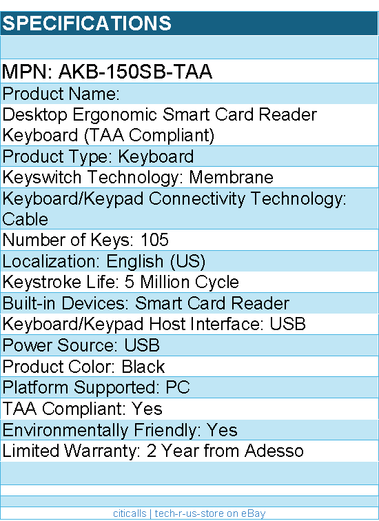 Adesso AKB-150SB-TAA Desktop Ergonomic Smart Card Reader Keyboard