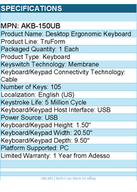 Adesso AKB-150UB Desktop Ergonomic Keyboard - 105 Key(s) - USB Interface