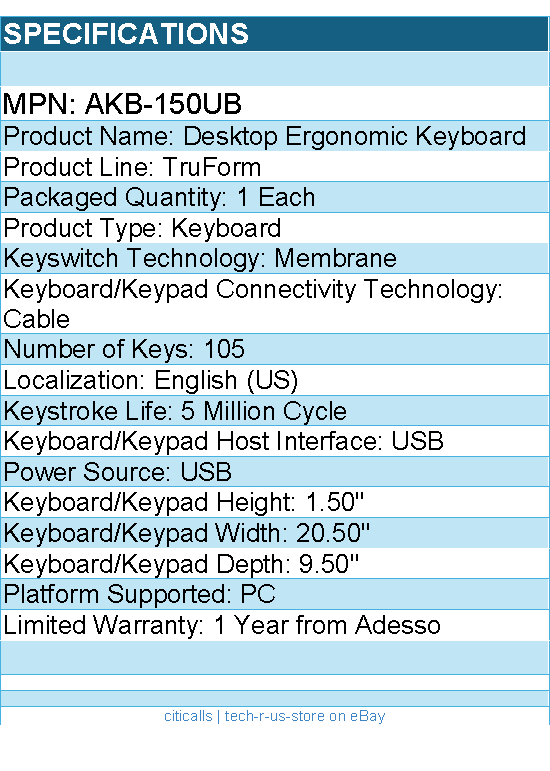 Adesso AKB-150UB Desktop Ergonomic Keyboard - 105 Key(s) - USB Interface