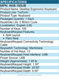 Adesso AKB-150UB Desktop Ergonomic Keyboard - Cable - USB - 105 Key(s)
