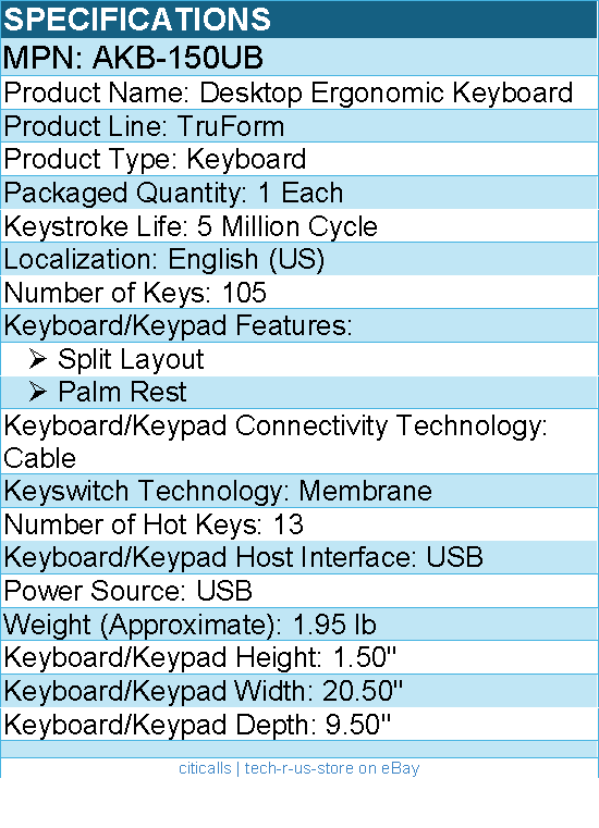 Adesso AKB-150UB Desktop Ergonomic Keyboard - Cable - USB - 105 Key(s)