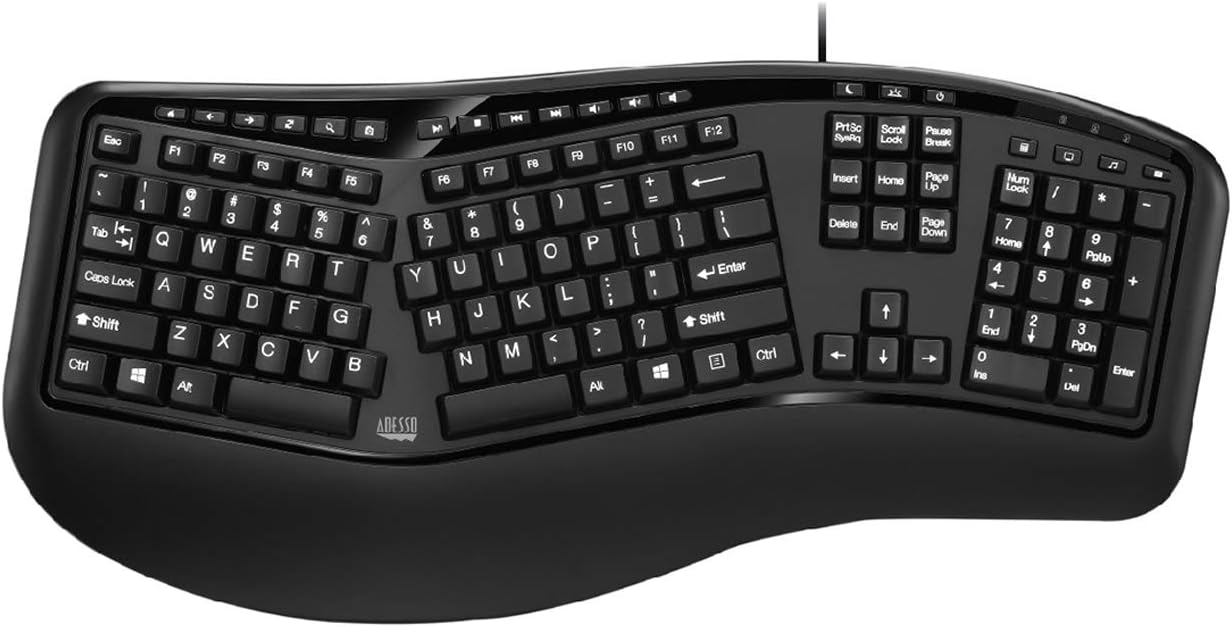Adesso AKB-150UB Desktop Ergonomic Keyboard - Cable - USB - 105 Key(s)