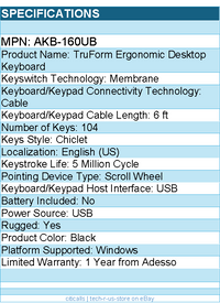 Adesso AKB-160UB TruForm Ergonomic Desktop Keyboard - Cable - 104 Key(s)