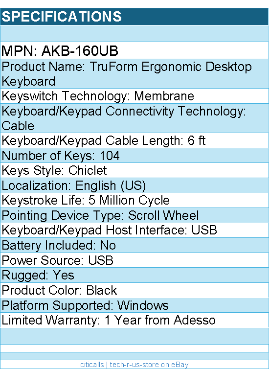 Adesso AKB-160UB TruForm Ergonomic Desktop Keyboard - Cable - 104 Key(s)
