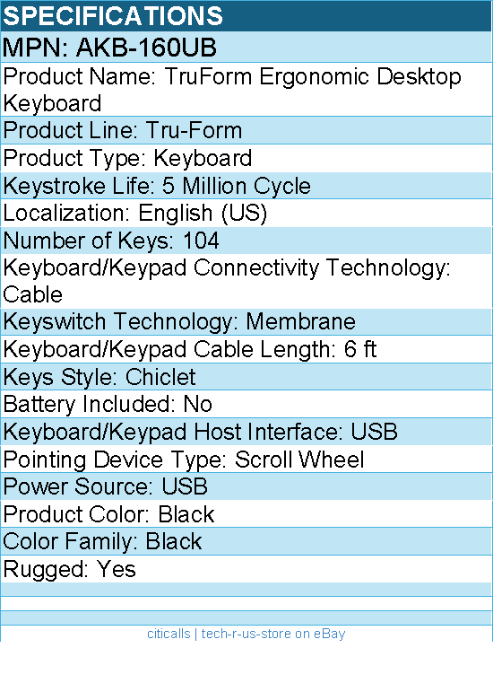 Adesso AKB-160UB TruForm Ergonomic Desktop Keyboard - Cable - Full-size - USB