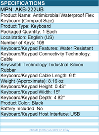 Adesso AKB-222UB Antimicrobial Waterproof Flex Keyboard (Compact Size) - Cable