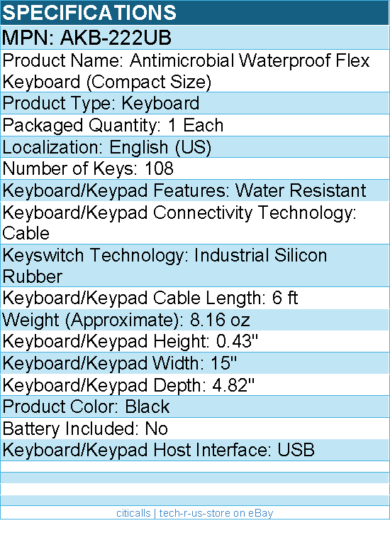 Adesso AKB-222UB Antimicrobial Waterproof Flex Keyboard (Compact Size) - Cable