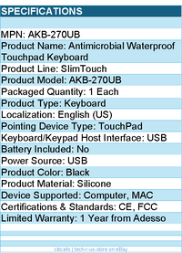 Adesso AKB-270UB Antimicrobial Waterproof Touchpad Keyboard - Black