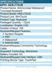 Adesso AKB-270UB Antimicrobial Waterproof Touchpad Keyboard - Cable