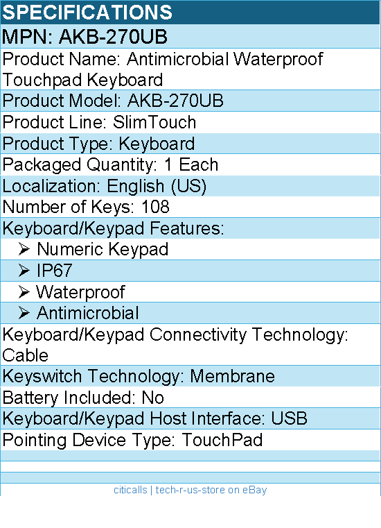 Adesso AKB-270UB Antimicrobial Waterproof Touchpad Keyboard - Cable
