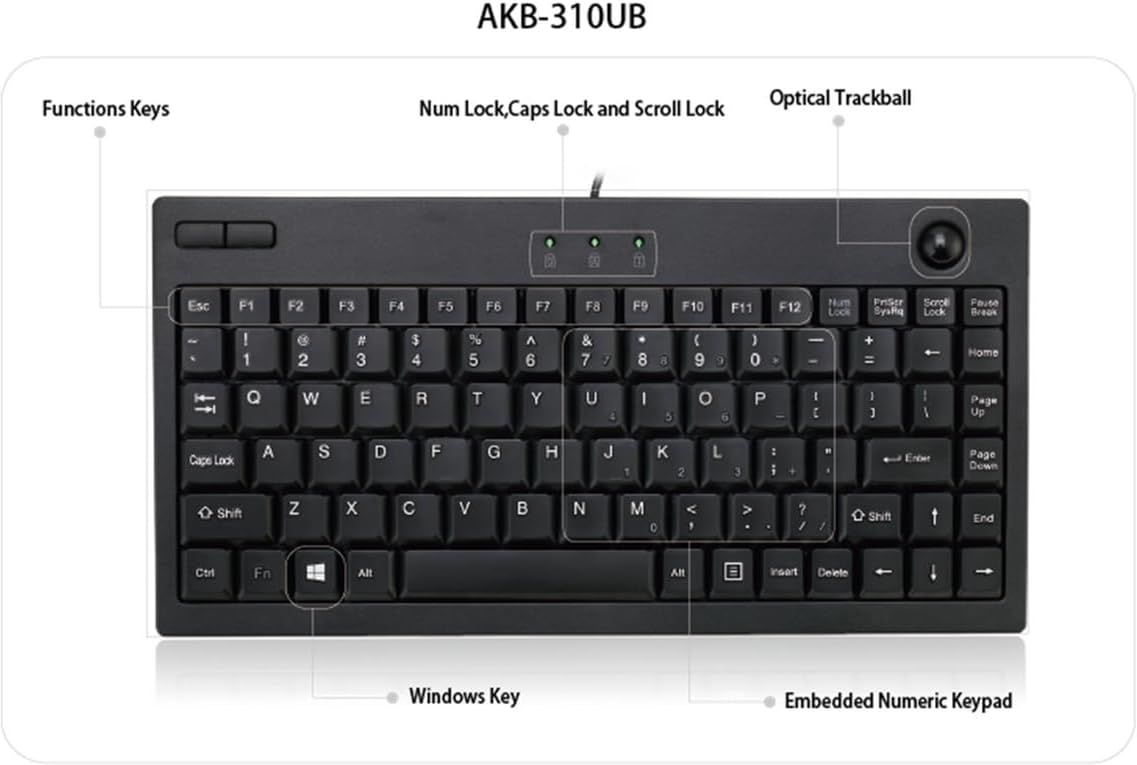Adesso AKB-310UB Mini Trackball Keyboard - Quiet Keys - 87 Keys - USB - Black