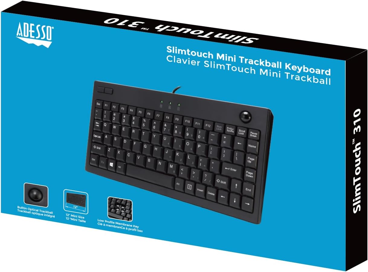 Adesso AKB-310UB Mini Trackball Keyboard - Quiet Keys - 87 Keys - USB - Black