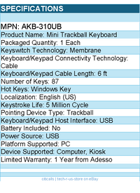 Adesso AKB-310UB Mini Trackball Keyboard - USB - 87 Keys - Black