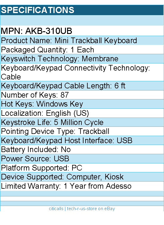 Adesso AKB-310UB Mini Trackball Keyboard - USB - 87 Keys - Black