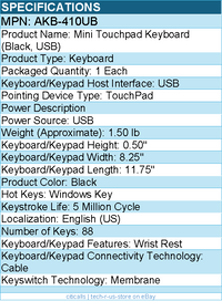 Adesso AKB-410UB Slim Touch Mini Keyboard with Built in Touchpad - USB - 88 Keys