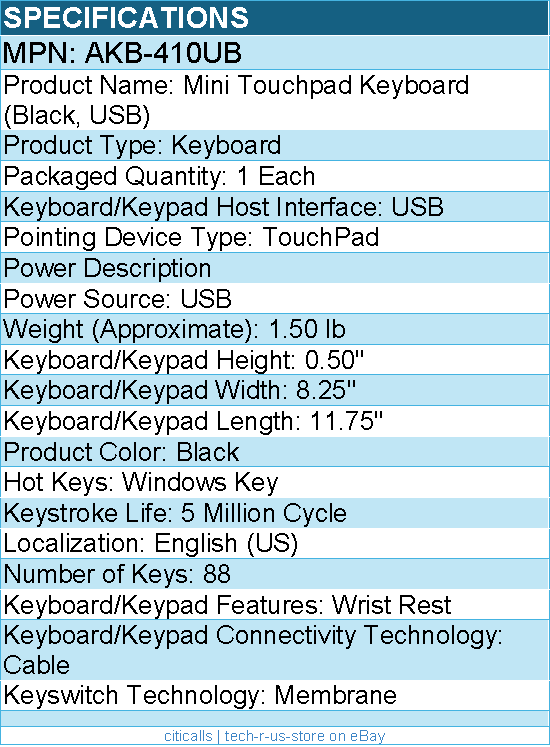 Adesso AKB-410UB Slim Touch Mini Keyboard with Built in Touchpad - USB - 88 Keys