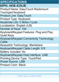 Adesso AKB-425UB 1U Rackmount Touchpad Keyboard - Cable - USB  - 104 Key(s)