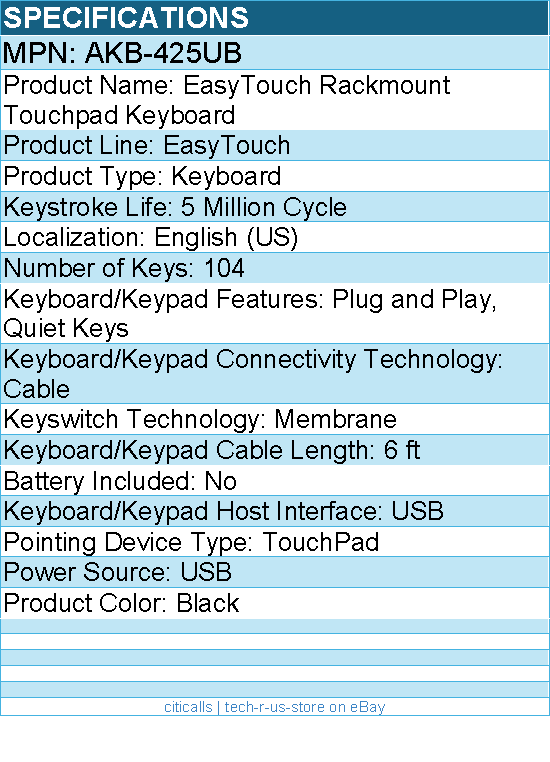 Adesso AKB-425UB 1U Rackmount Touchpad Keyboard - Cable - USB  - 104 Key(s)