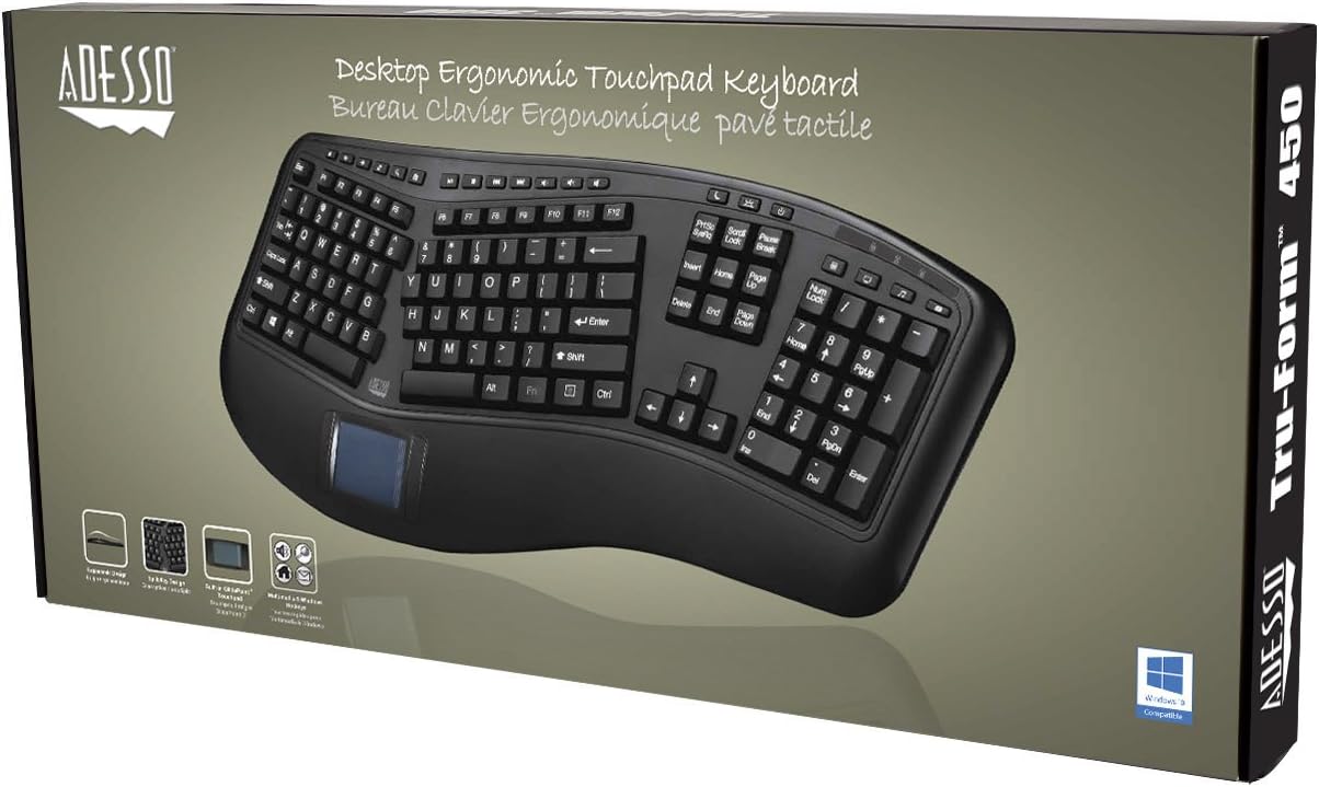 Adesso AKB-450UB Tru-Form Ergonomic Touchpad Keyboard - Full-size - 104 Key(s)