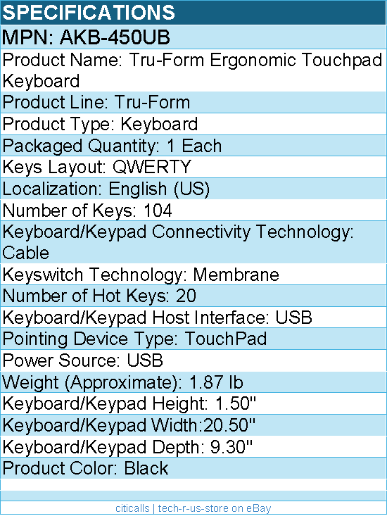 Adesso AKB-450UB Tru-Form Ergonomic Touchpad Keyboard - Full-size - 104 Key(s)