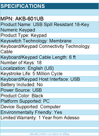 Adesso AKB-601UB USB Spill Resistant 18-Key Numeric Keypad - Black