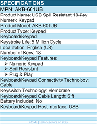 Adesso AKB-601UB USB 18-Key Numeric Keypad - Cable Connectivity - 18 Key(s)
