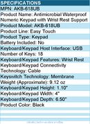 Adesso AKB-618UB Antimicrobial Waterproof Numeric Keypad with Wrist Rest Support